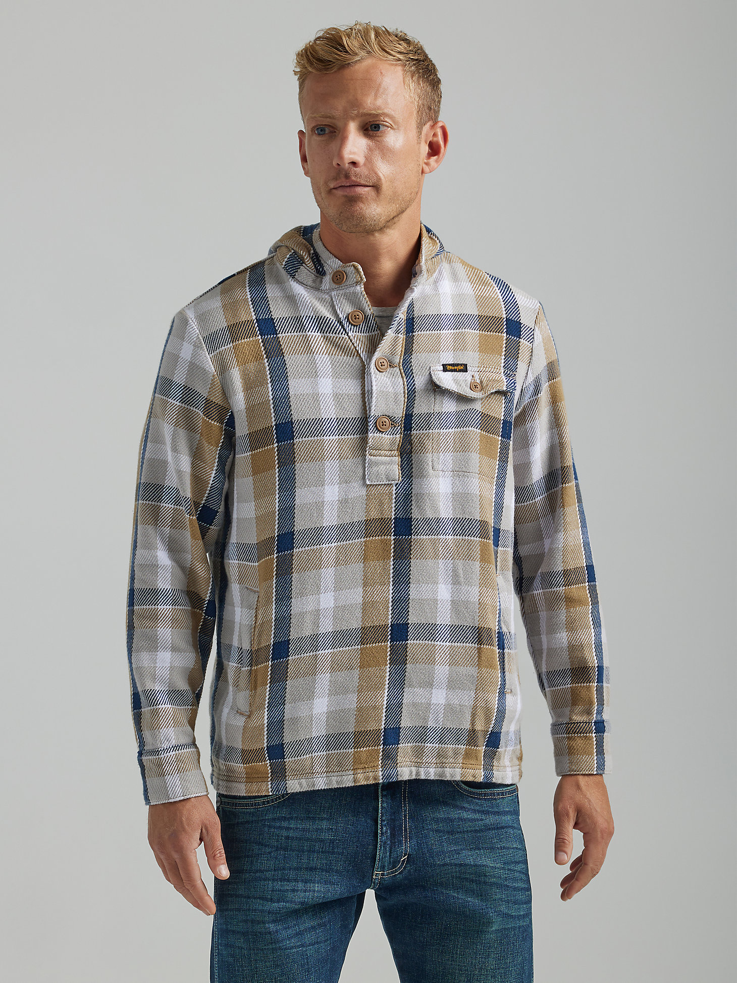 Men's Lightweight Button Front Plaid Hooded Popover Jacket