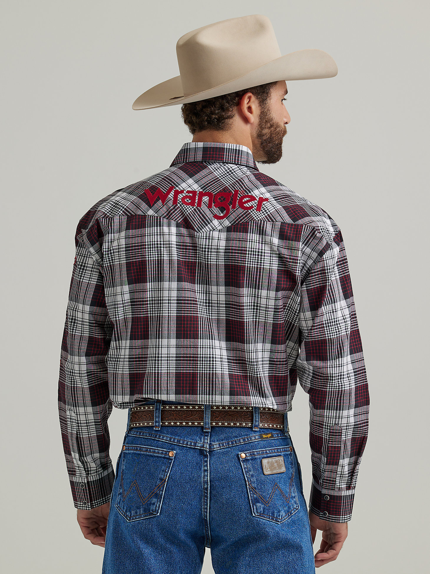 Men's Wrangler® Logo Long Sleeve Western Snap Plaid Shirt in Black Rose alternative view 1