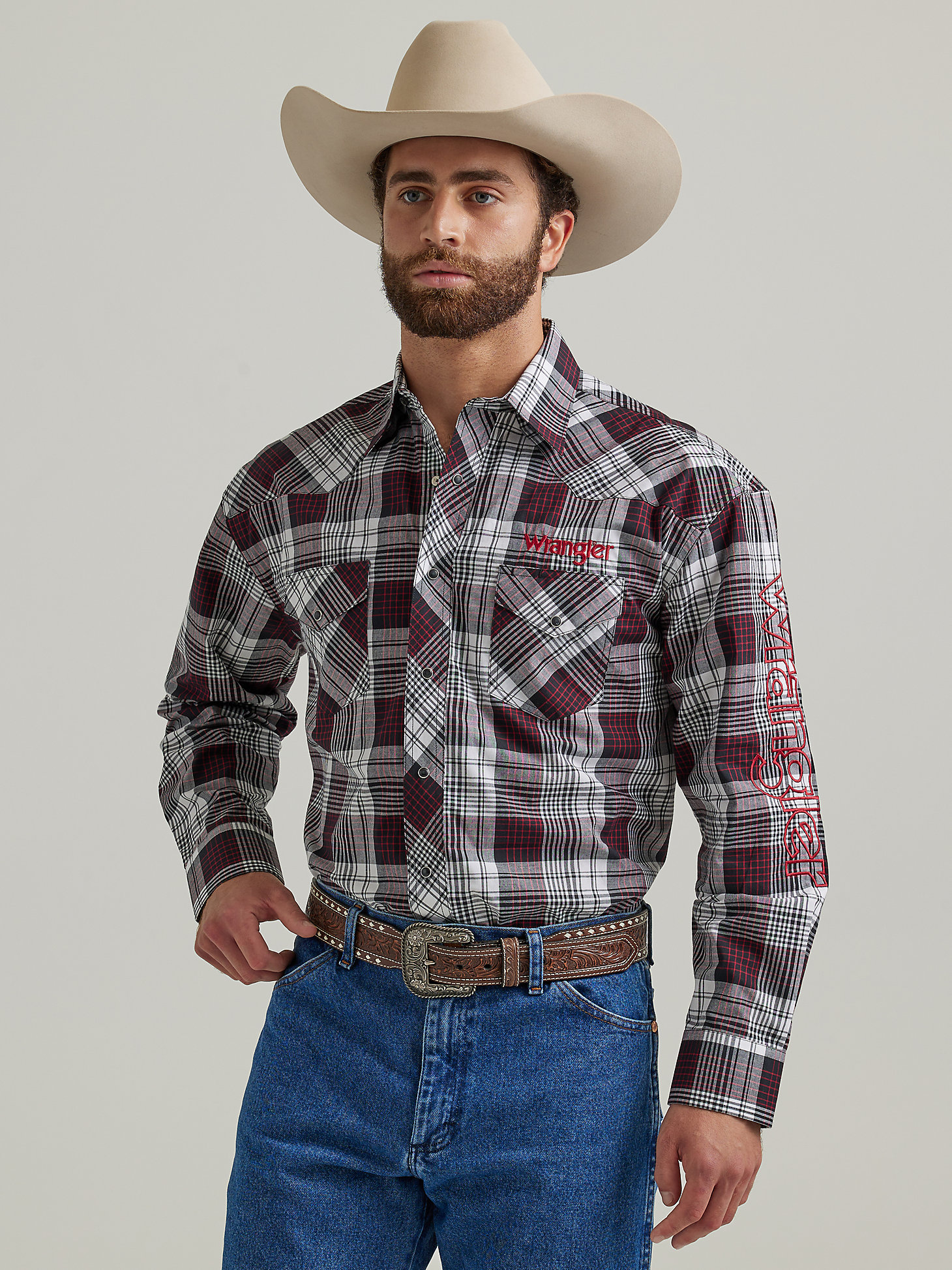 Men's Wrangler® Logo Long Sleeve Western Snap Plaid Shirt in Black Rose main view