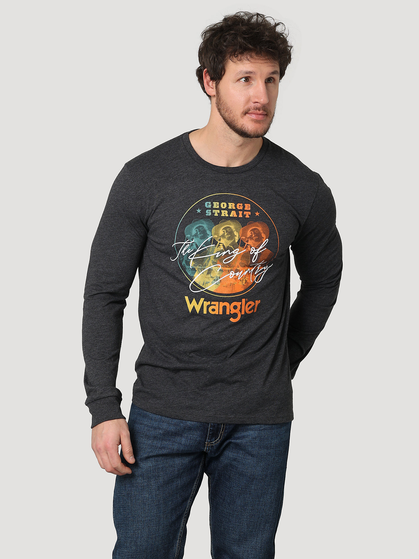 Men's George Strait Long Sleeve King of Country Graphic T-Shirt in Caviar Heather main view