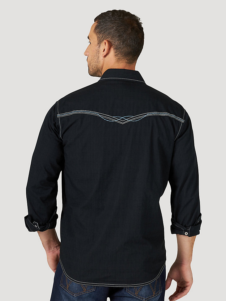 Men's Rock 47® by Wrangler® Long Sleeve Embroidered Yoke Western Snap Solid Shirt in Dark Knight alternative view