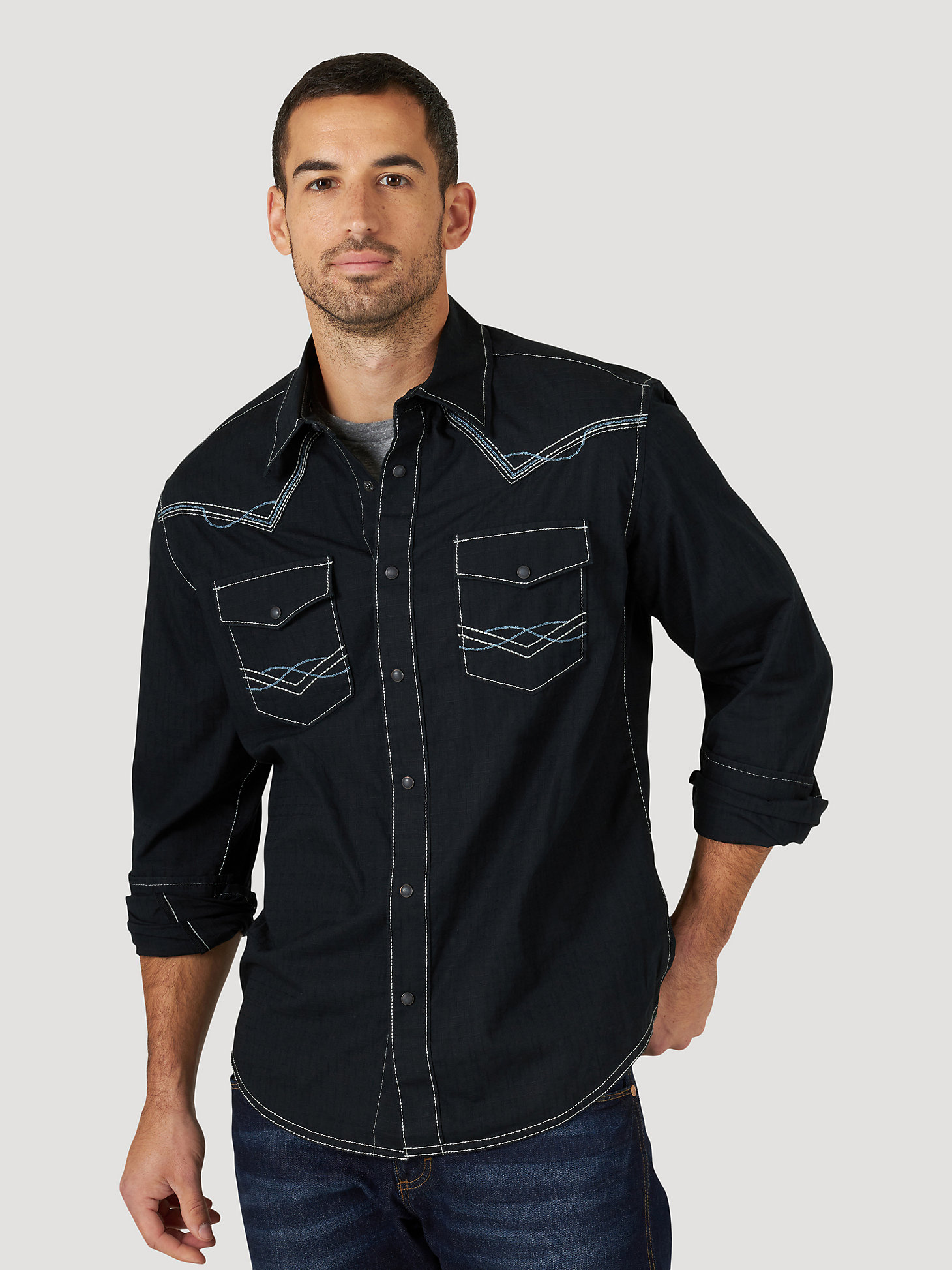 Men's Rock 47® by Wrangler® Long Sleeve Embroidered Yoke Western Snap Solid Shirt in Dark Knight main view