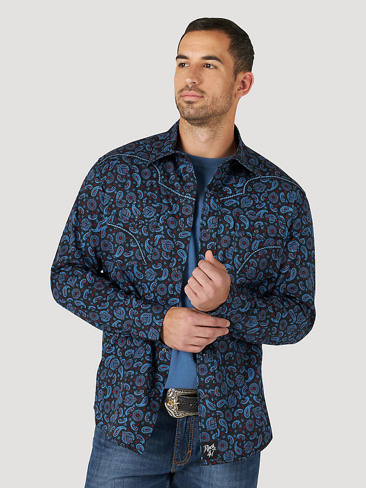 Men's Rock 47® by Wrangler® Long Sleeve Embroidered Yoke Western Snap Print Shirt in Paisley Pop main view