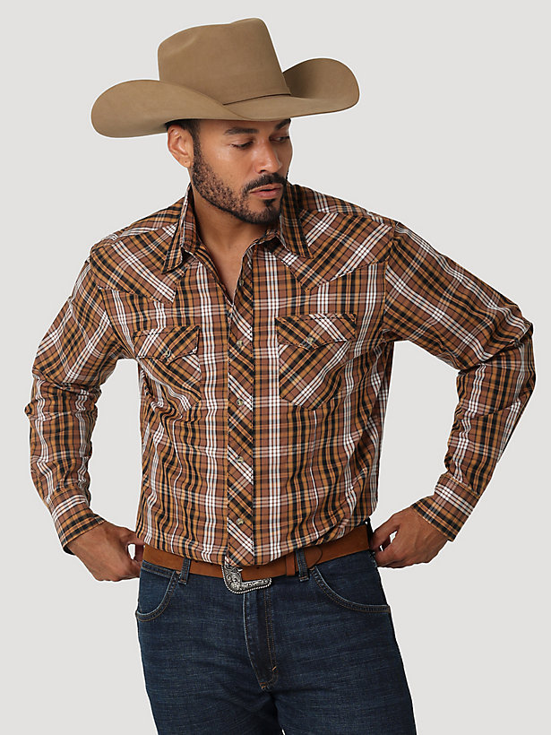 Men's Long Sleeve Fashion Western Snap Plaid Shirt in Cocoa