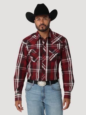 Men's Long Sleeve Fashion Western Snap Plaid Shirt in Pinot