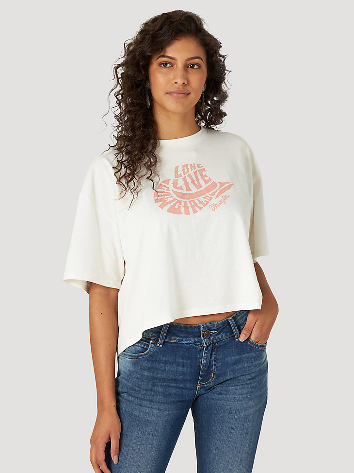 Women's Retro Short Sleeve Long Live Cowgirls Cropped Tee in Mallow main view