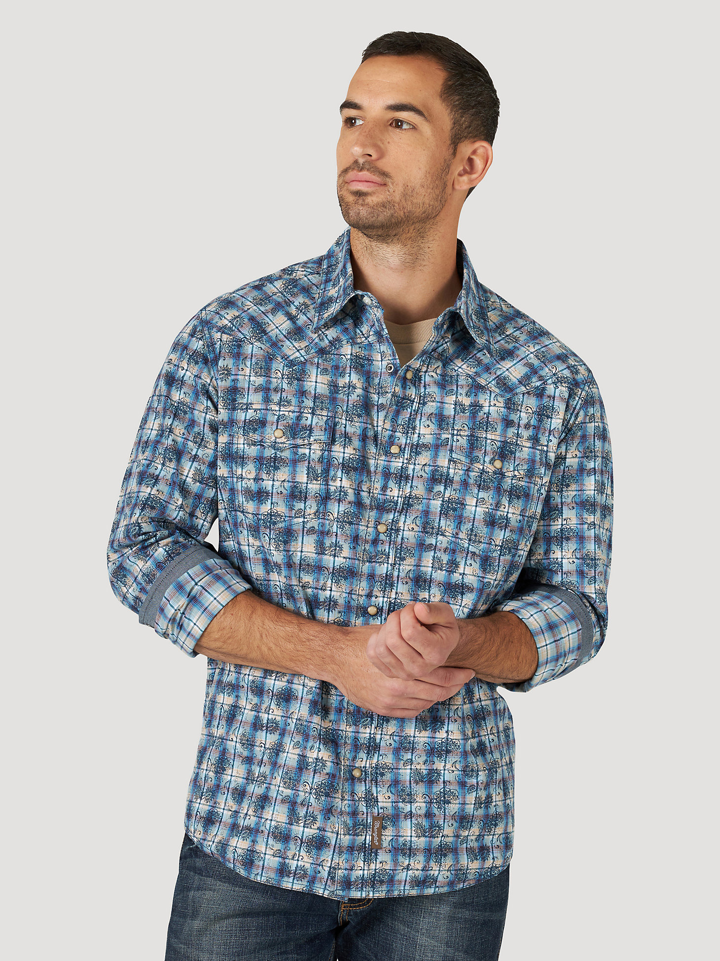 Men's Wrangler Retro® Premium Long Sleeve Western Snap Plaid Shirt in Splashy main view