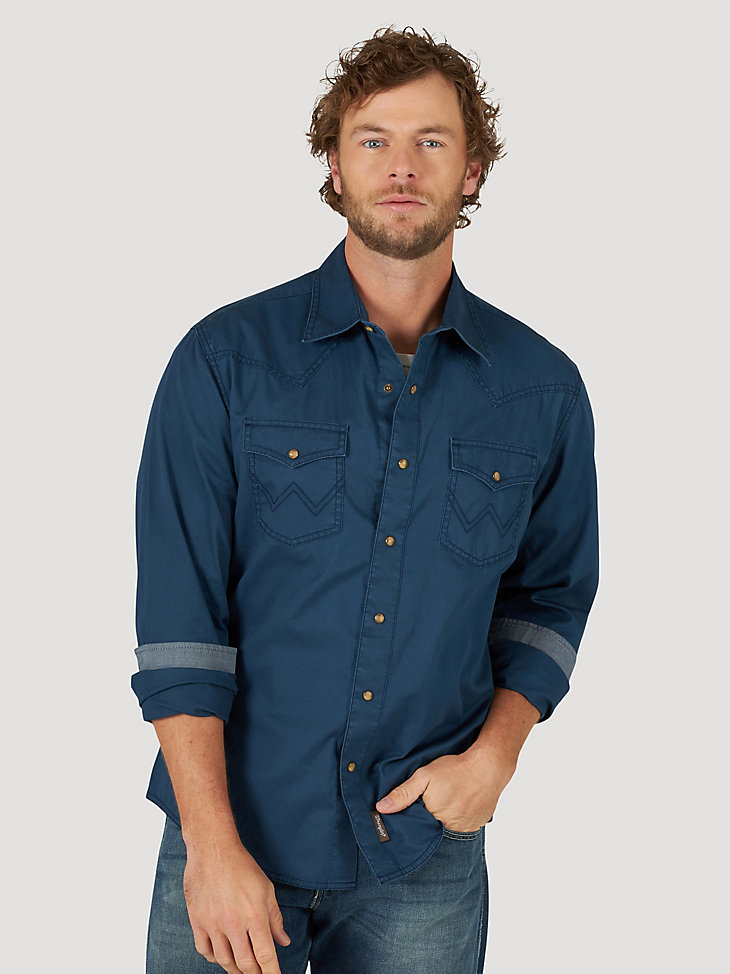 Men's Wrangler Retro® Premium Long Sleeve Western Snap Solid Shirt in Seascape main view