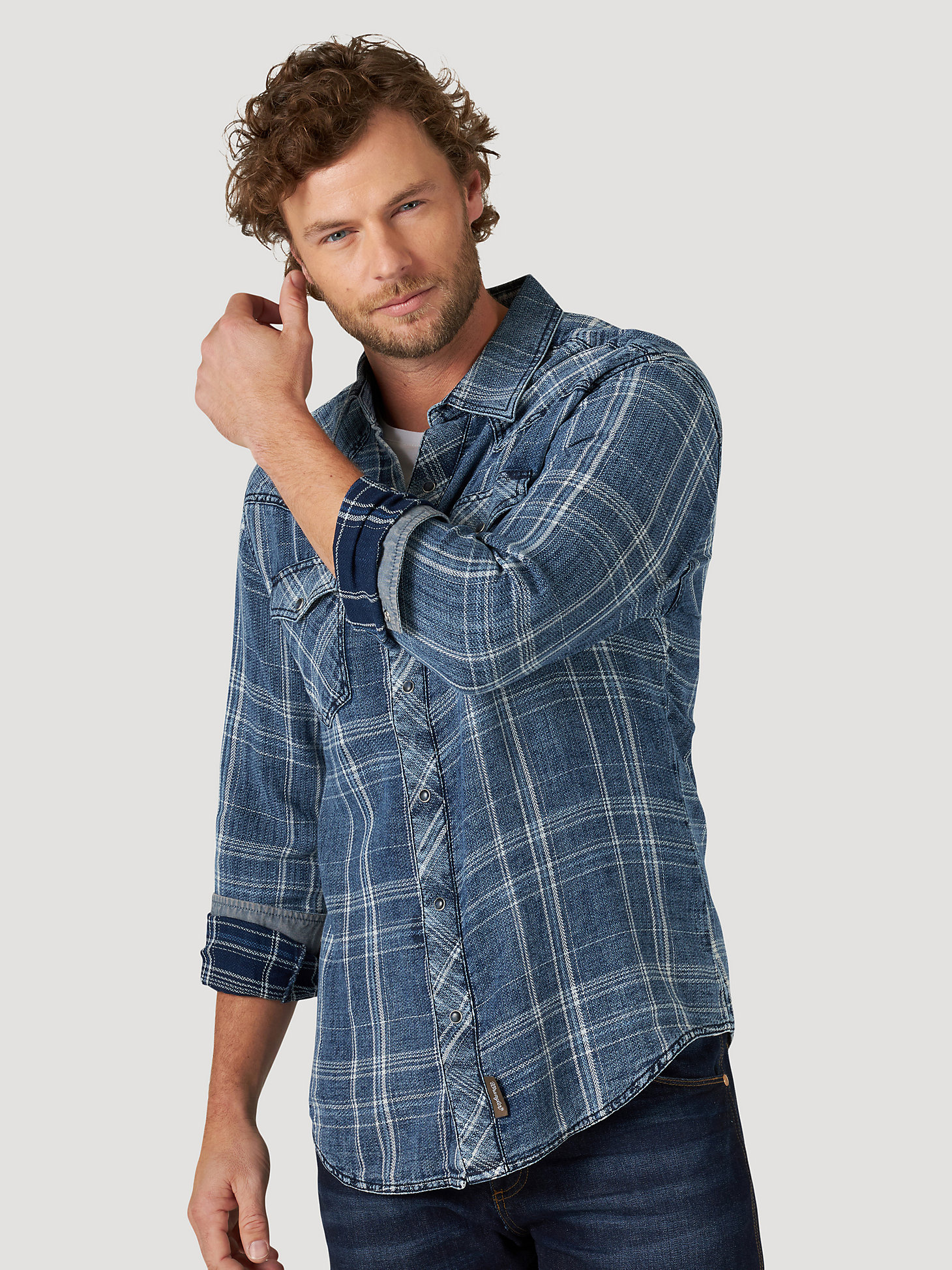 Men's Wrangler Retro® Premium Long Sleeve Western Snap Indigo Plaid Shirt in Indigo Flow main view