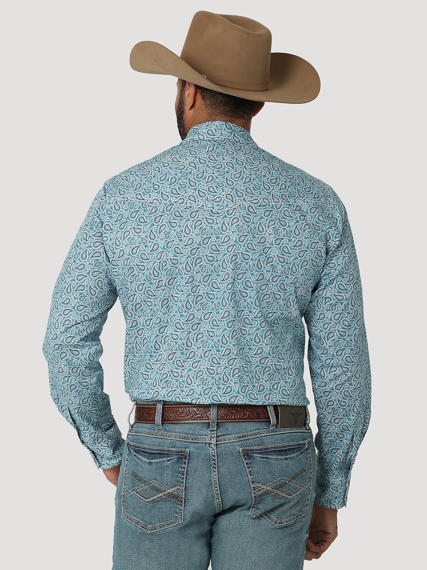 Men's Wrangler® 20X® Competition Advanced Comfort Long Sleeve Western Snap Print Shirt in Dusty Teal alternative view 1
