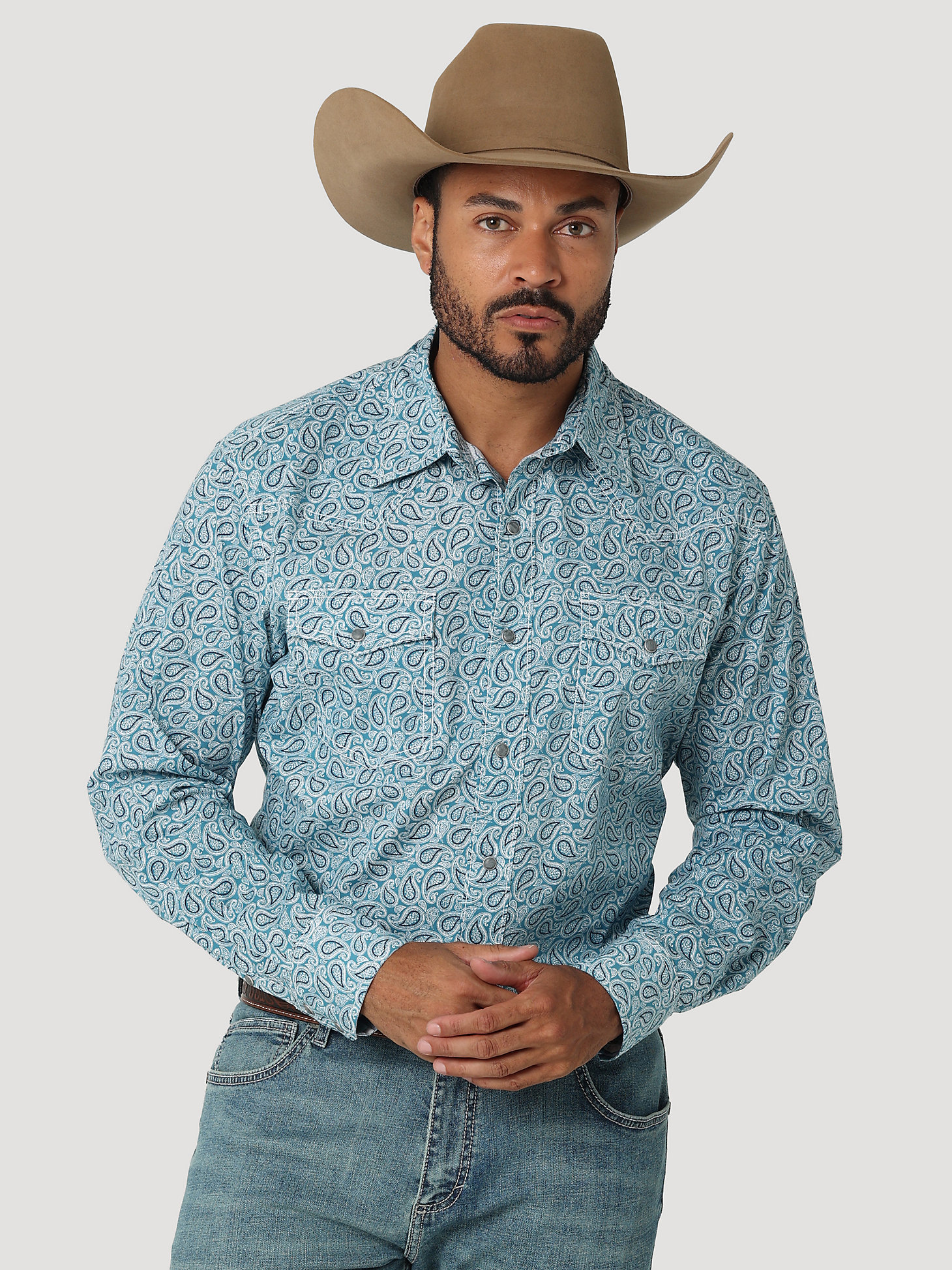 Men's Wrangler® 20X® Competition Advanced Comfort Long Sleeve Western Snap Print Shirt in Dusty Teal main view