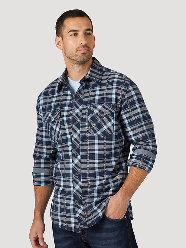 Men's Wrangler Retro® Premium Long Sleeve Button Down Plaid Shirt in Dark Sapphire