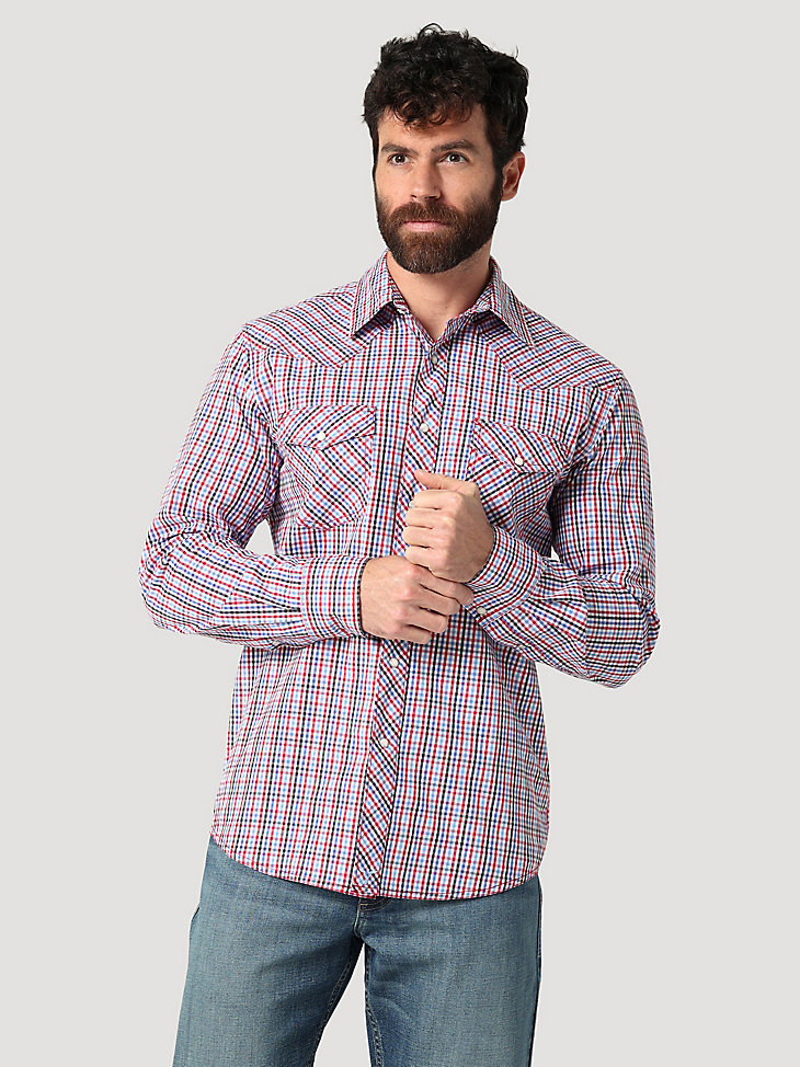 Men's Wrangler® 20X® Competition Advanced Comfort Long Sleeve Two Pocket Western Snap Plaid Shirt in Fine Red main view