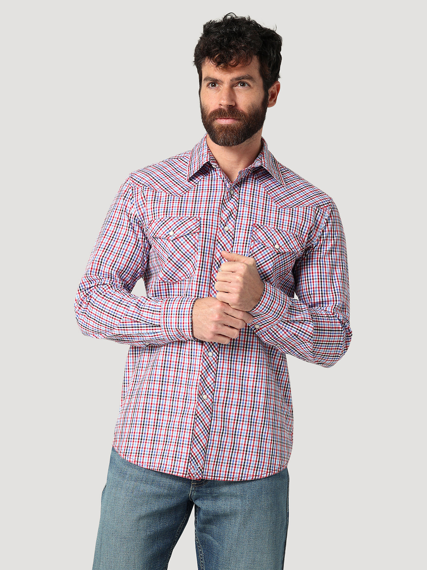 Men's Wrangler® 20X® Competition Advanced Comfort Long Sleeve Two Pocket Western Snap Plaid Shirt in Fine Red main view