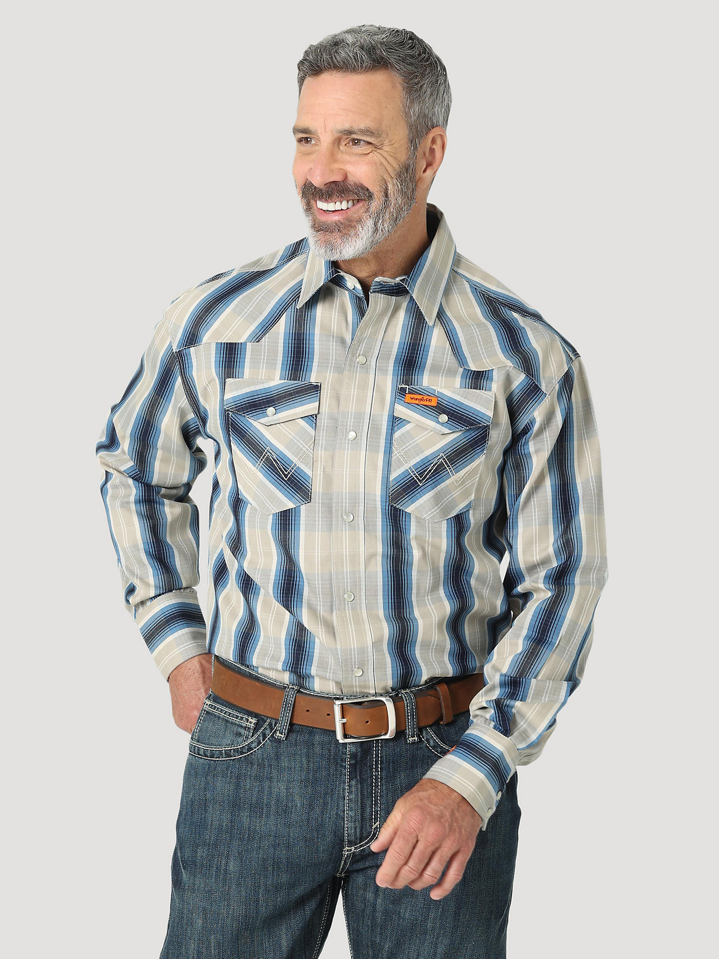 Men's Wrangler® FR Flame Resistant Long Sleeve Western Snap Plaid Shirt in Bungalow main view
