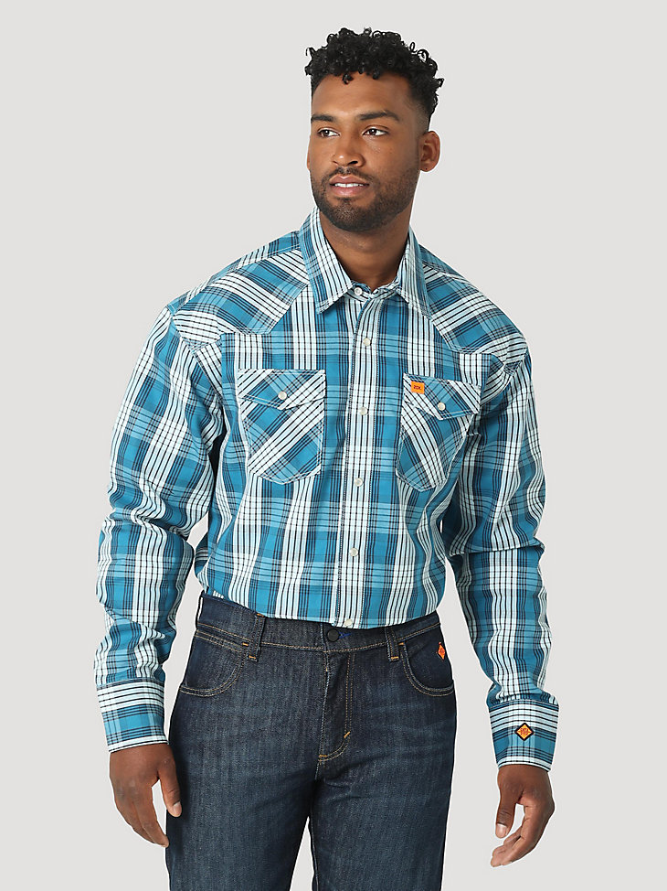 Men's Wrangler® 20X® Fire Resistant Long Sleeve Western Snap Plaid Shirt in Aqua alternative view