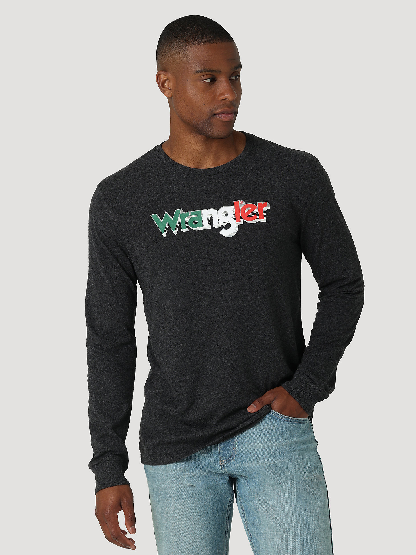 Men's Long Sleeve Wrangler Mexican Flag T-Shirt in Charcoal Heather main view