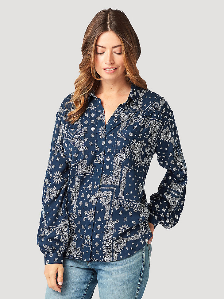 Women's Retro Patchwork Western Bloused Long Sleeve Shirt in Blueprint alternative view
