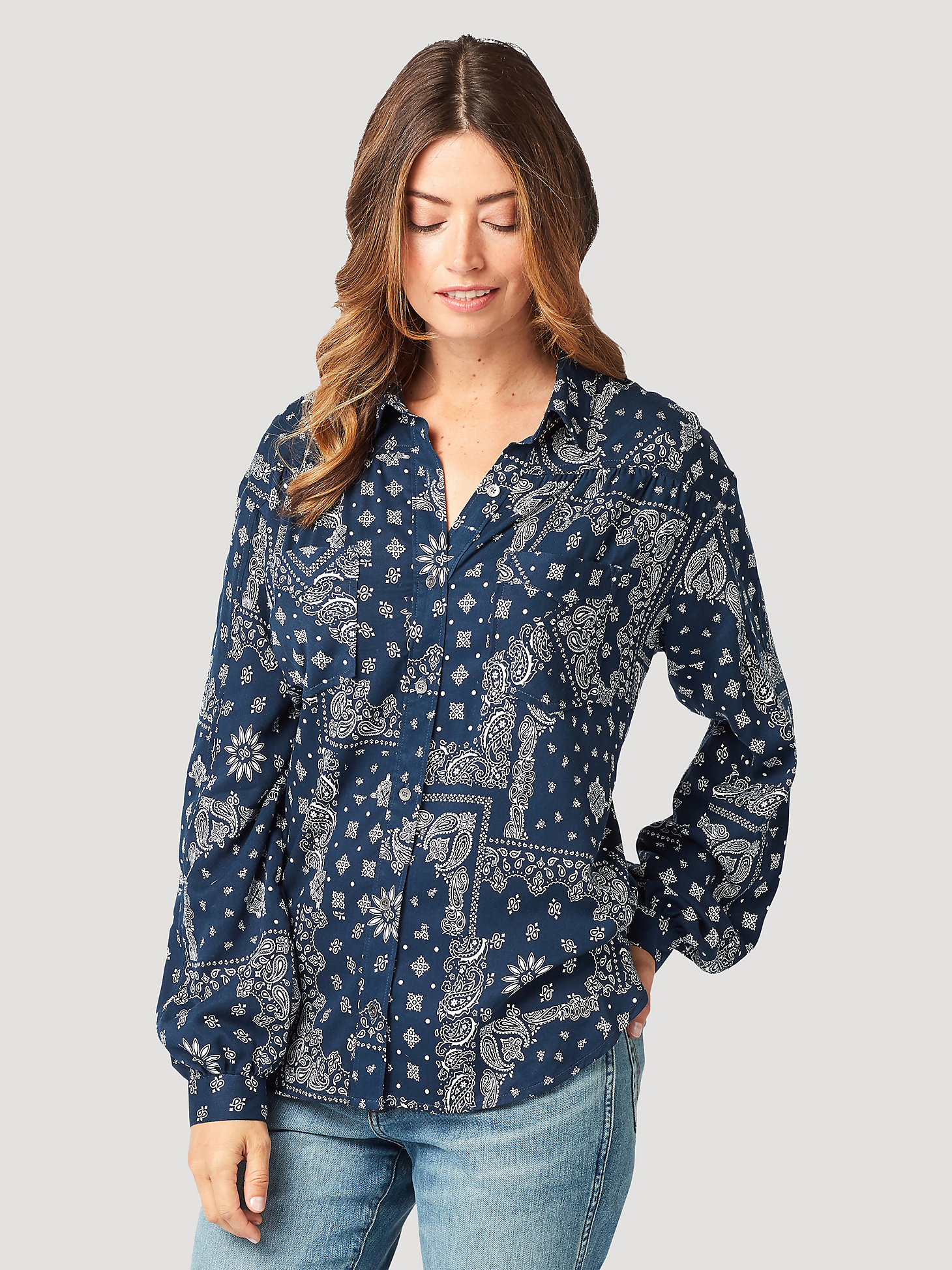 Women's Retro Patchwork Western Bloused Long Sleeve Shirt in Blueprint alternative view 1