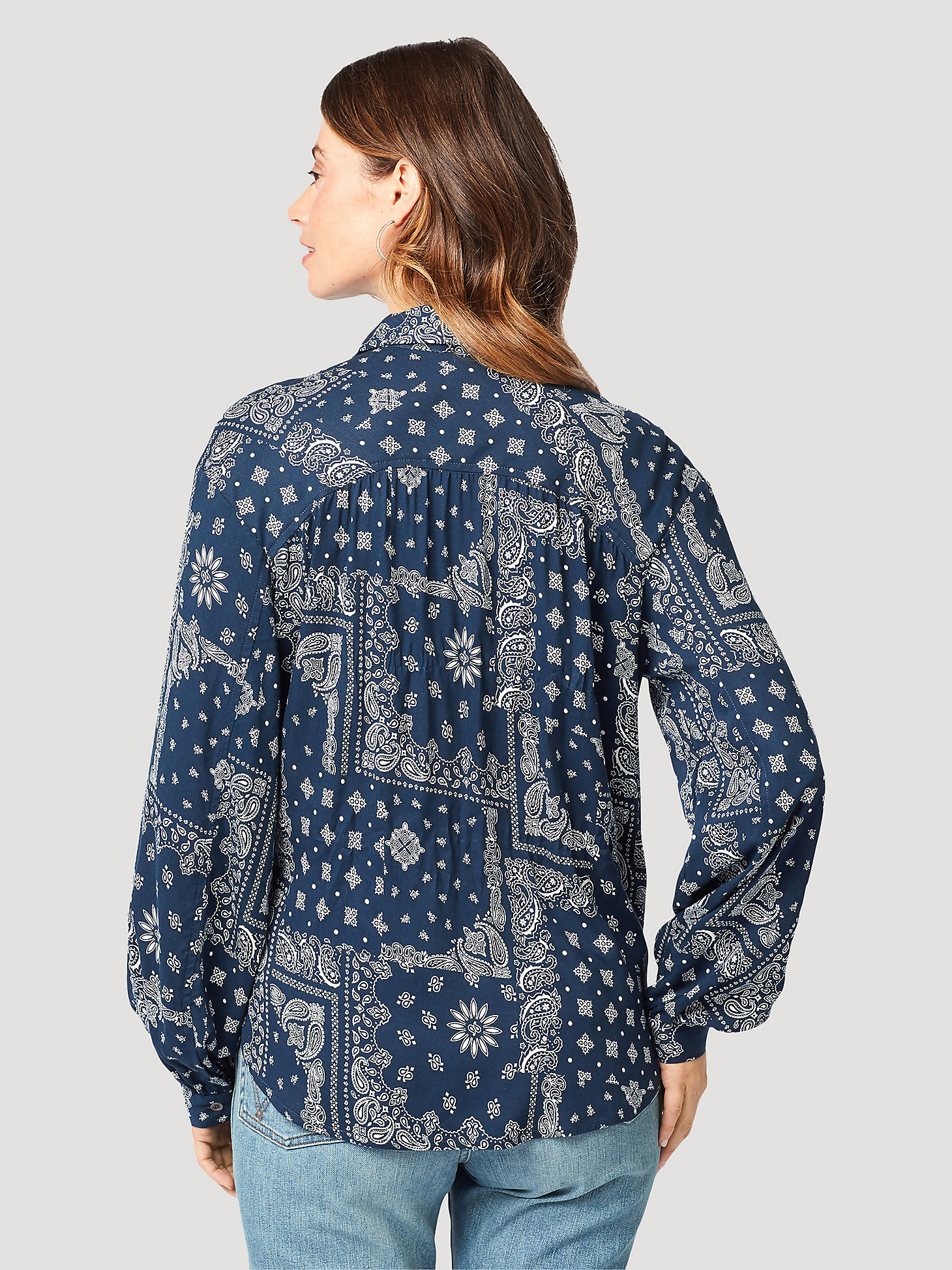 Women's Retro Patchwork Western Bloused Long Sleeve Shirt in Blueprint alternative view 3