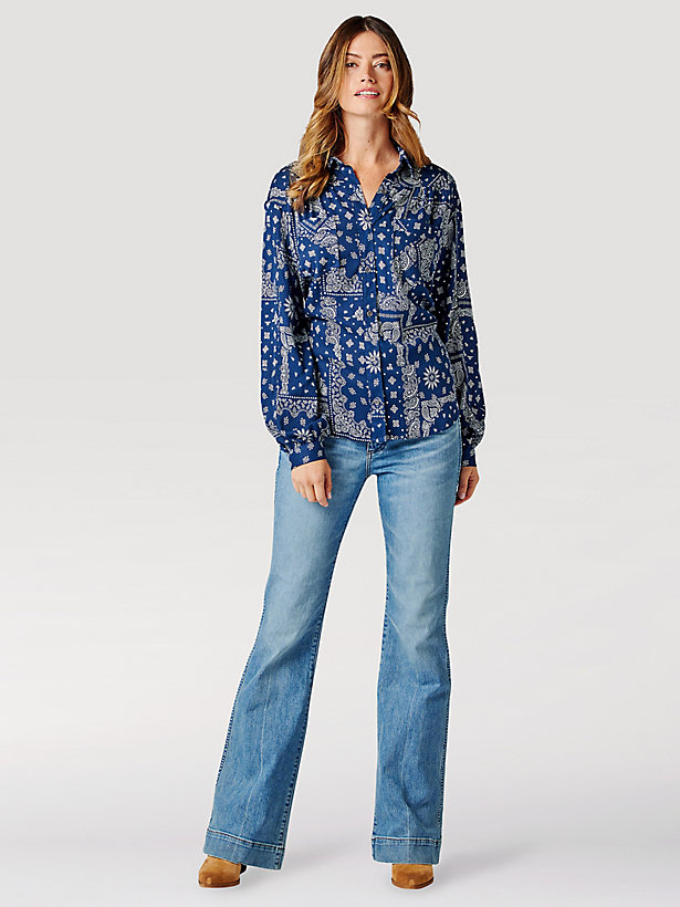 Women's Retro Patchwork Western Bloused Long Sleeve Shirt in Blueprint