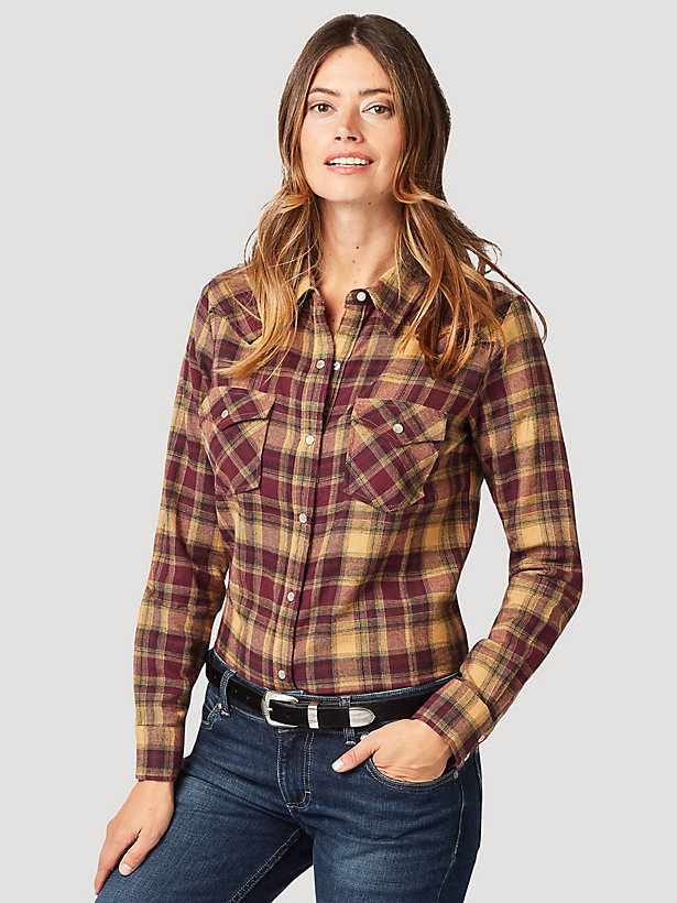 Women's Essential Long Sleeve Flannel Plaid Western Snap Shirt in Griffin