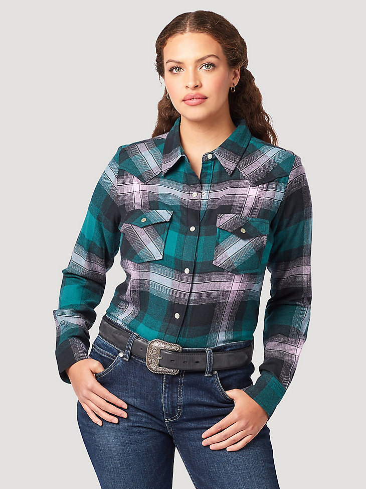 Women's Essential Long Sleeve Flannel Plaid Western Snap Shirt in Calm main view
