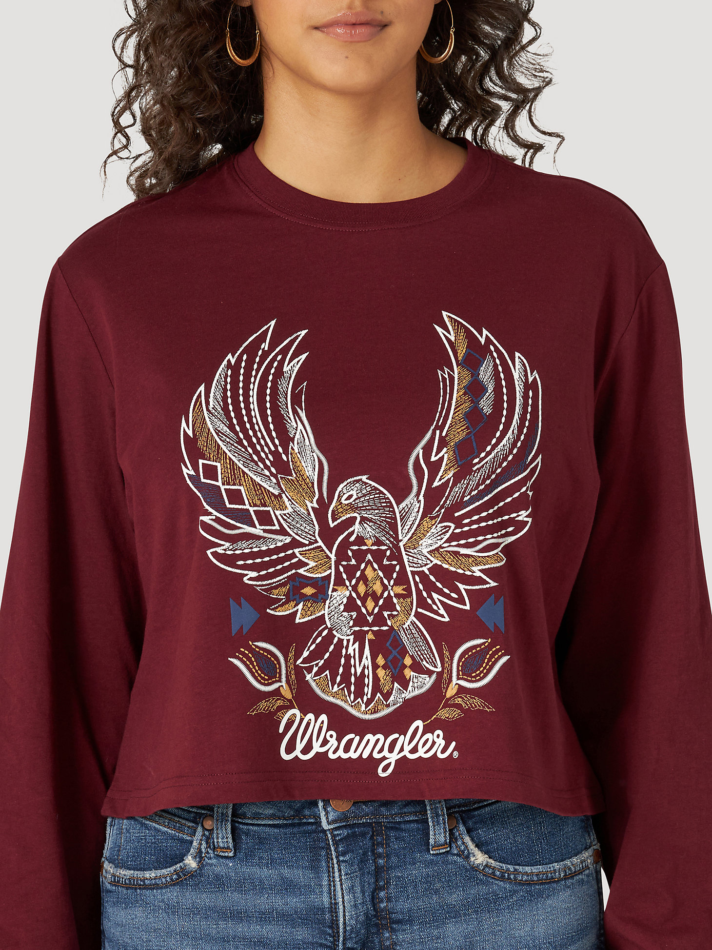 Womens Retro LS Cropped Tribal Eagle Graphic Tee in Zinfandel alternative view 2