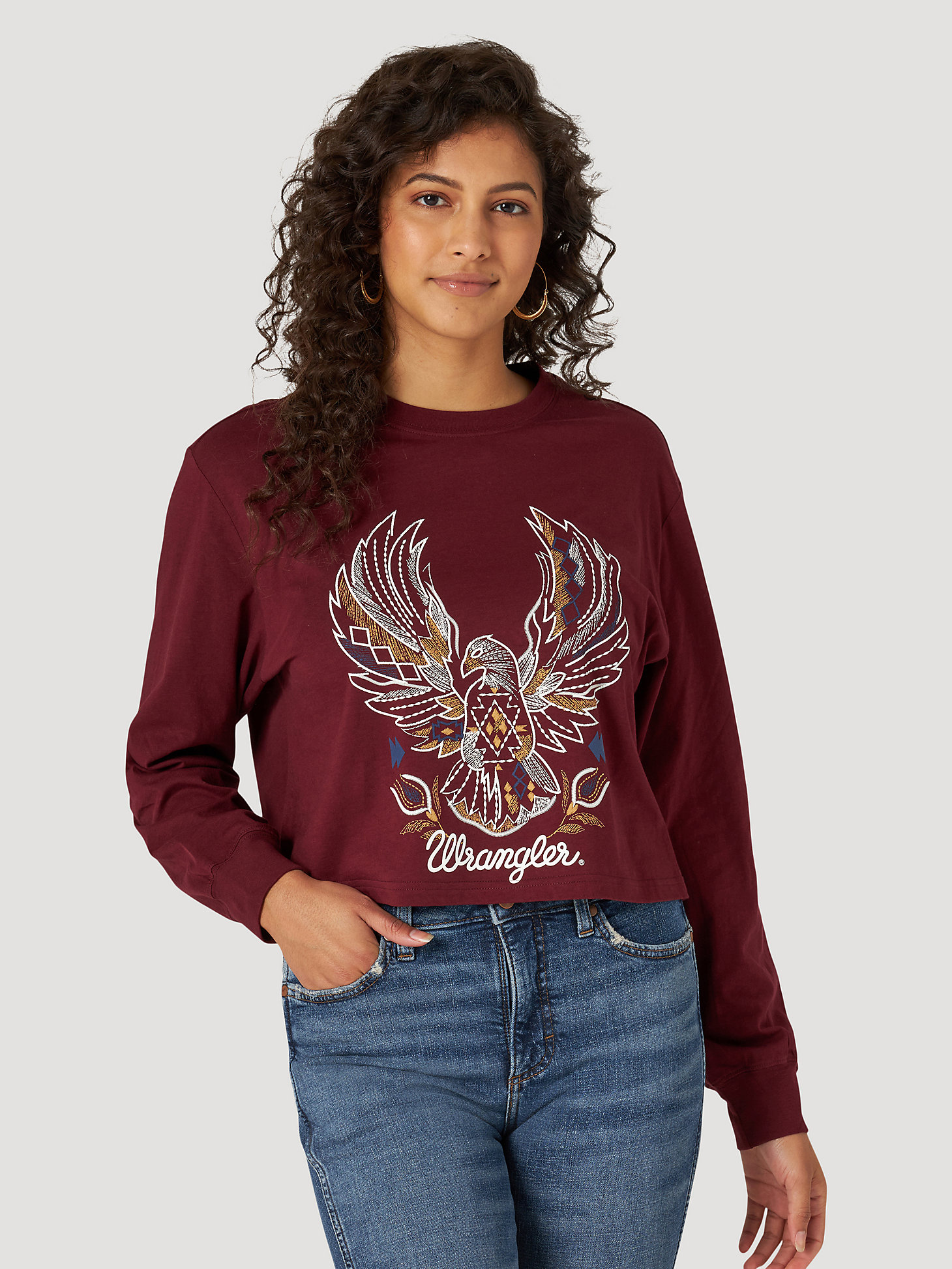 Womens Retro LS Cropped Tribal Eagle Graphic Tee in Zinfandel main view