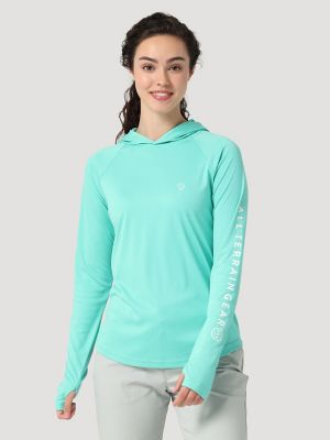 Wrangler Angler Womens Hooded Sun Tee Turquoise Size L