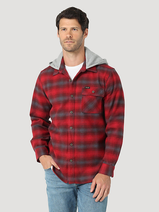 Men's Plaid Flannel Hooded Shacket in Cabernet