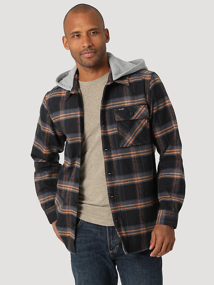 Men's Plaid Flannel Hooded Shacket in Black main view