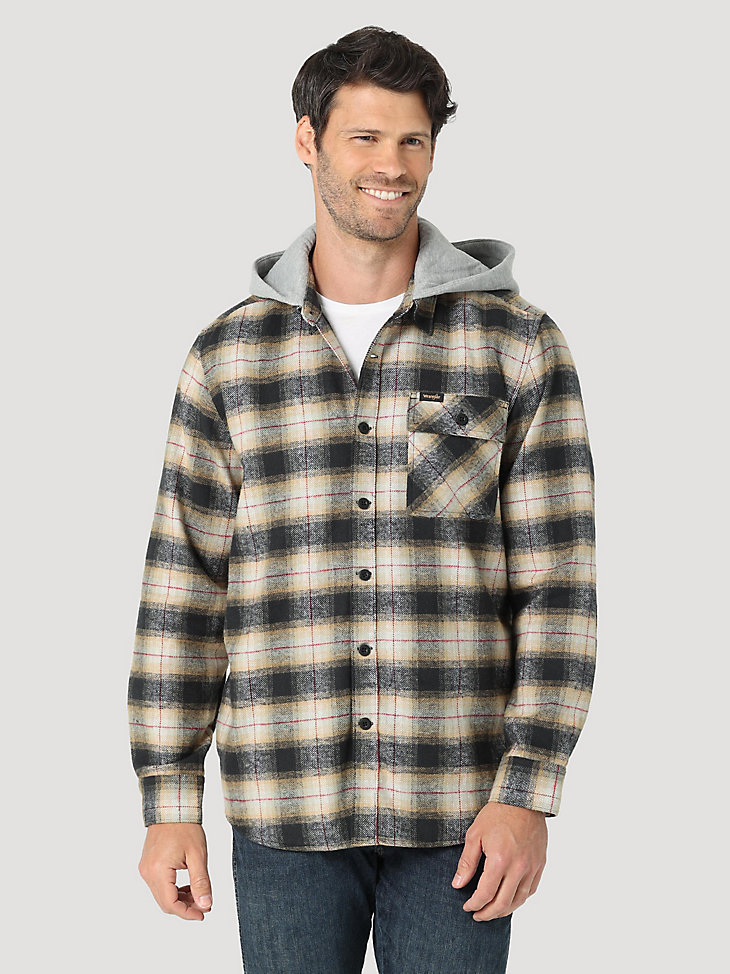Men's Plaid Flannel Hooded Shacket in Sea Grass main view