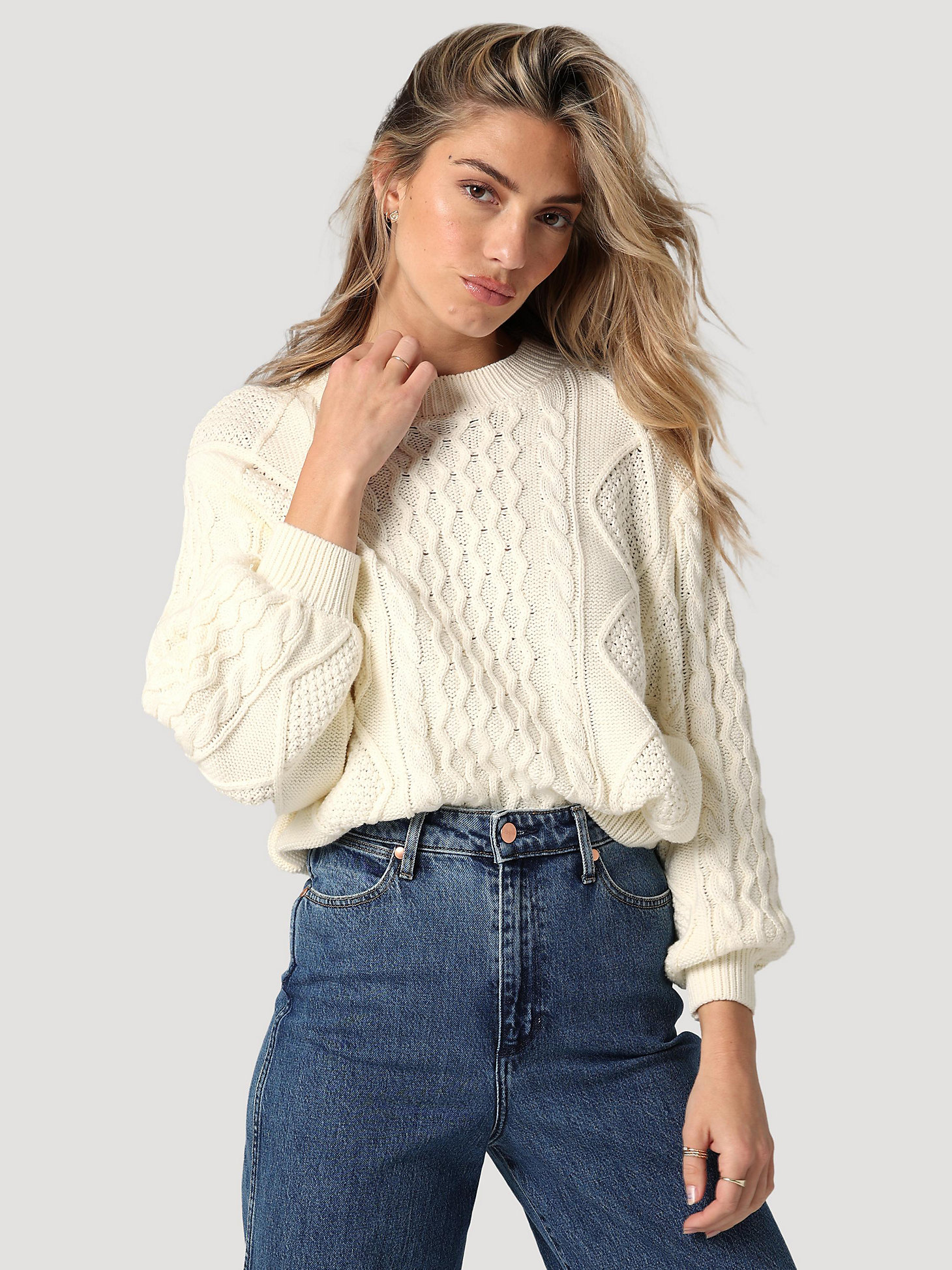 Women's Balloon Sleeve Cable Knit Top in Vanilla Ice main view