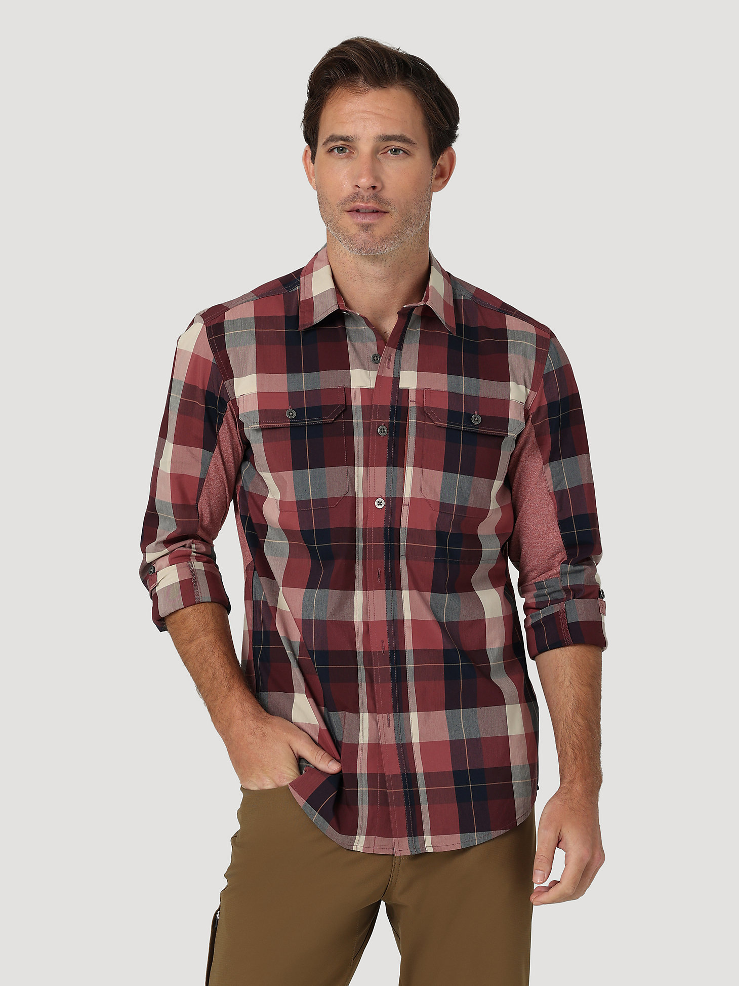 ATG By Wrangler™ Plaid Mixed Material Shirt in Beagle Apple Butter alternative view 2