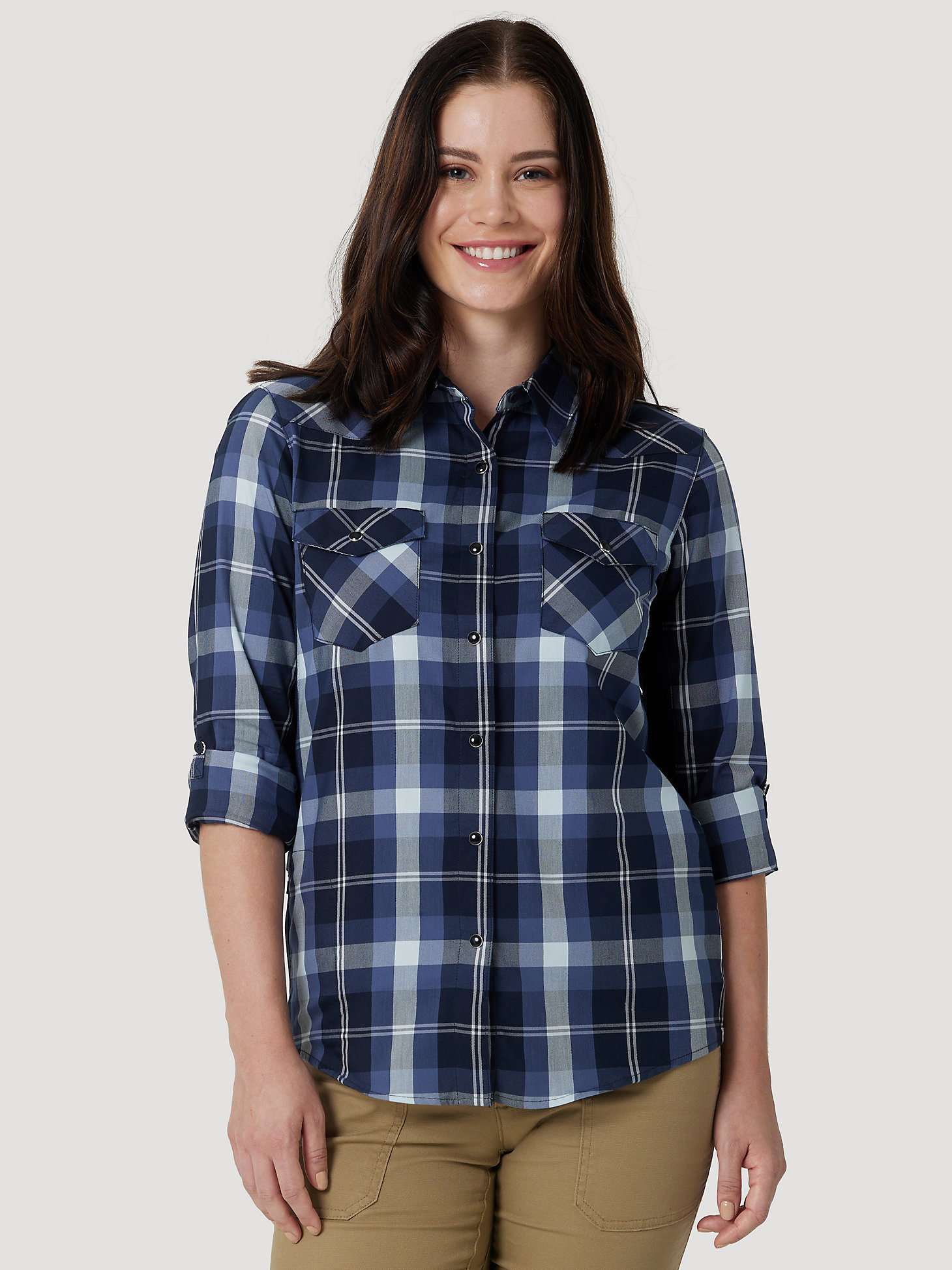 ATG By Wrangler™ Women's Plaid Mixed Material Shirt in Dusty Miller Flower main view
