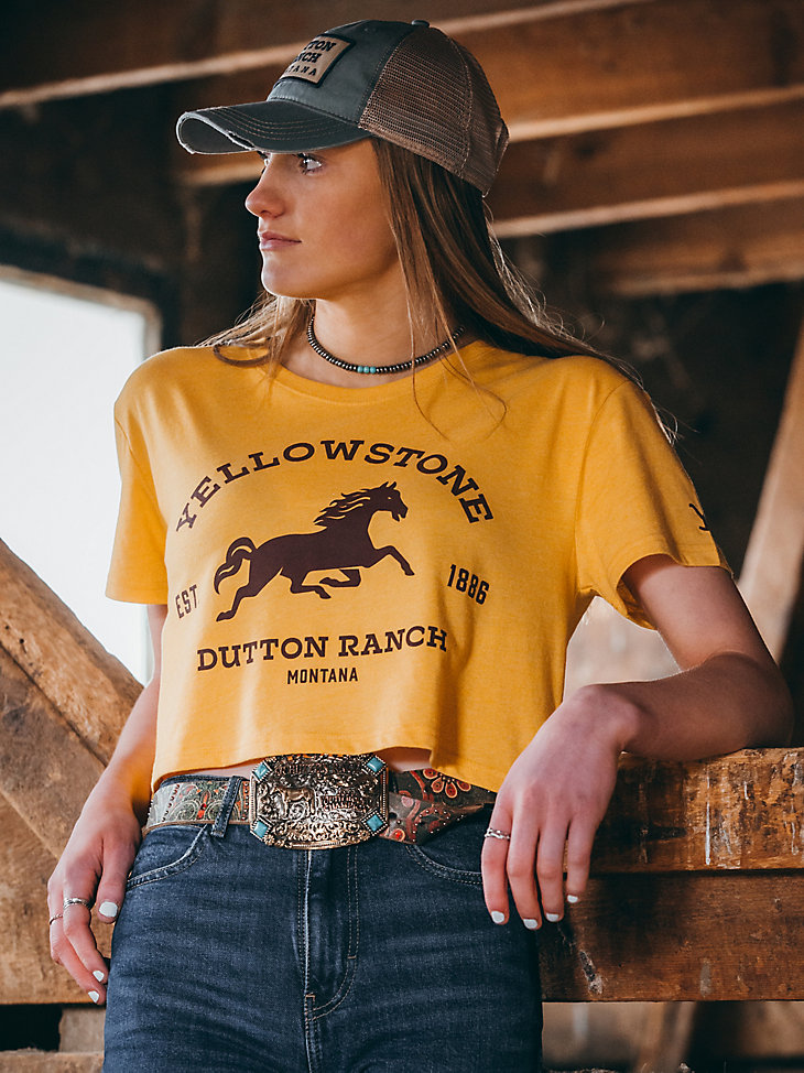 Wrangler x Yellowstone Women's Crop Horse Tee in Mustard alternative view