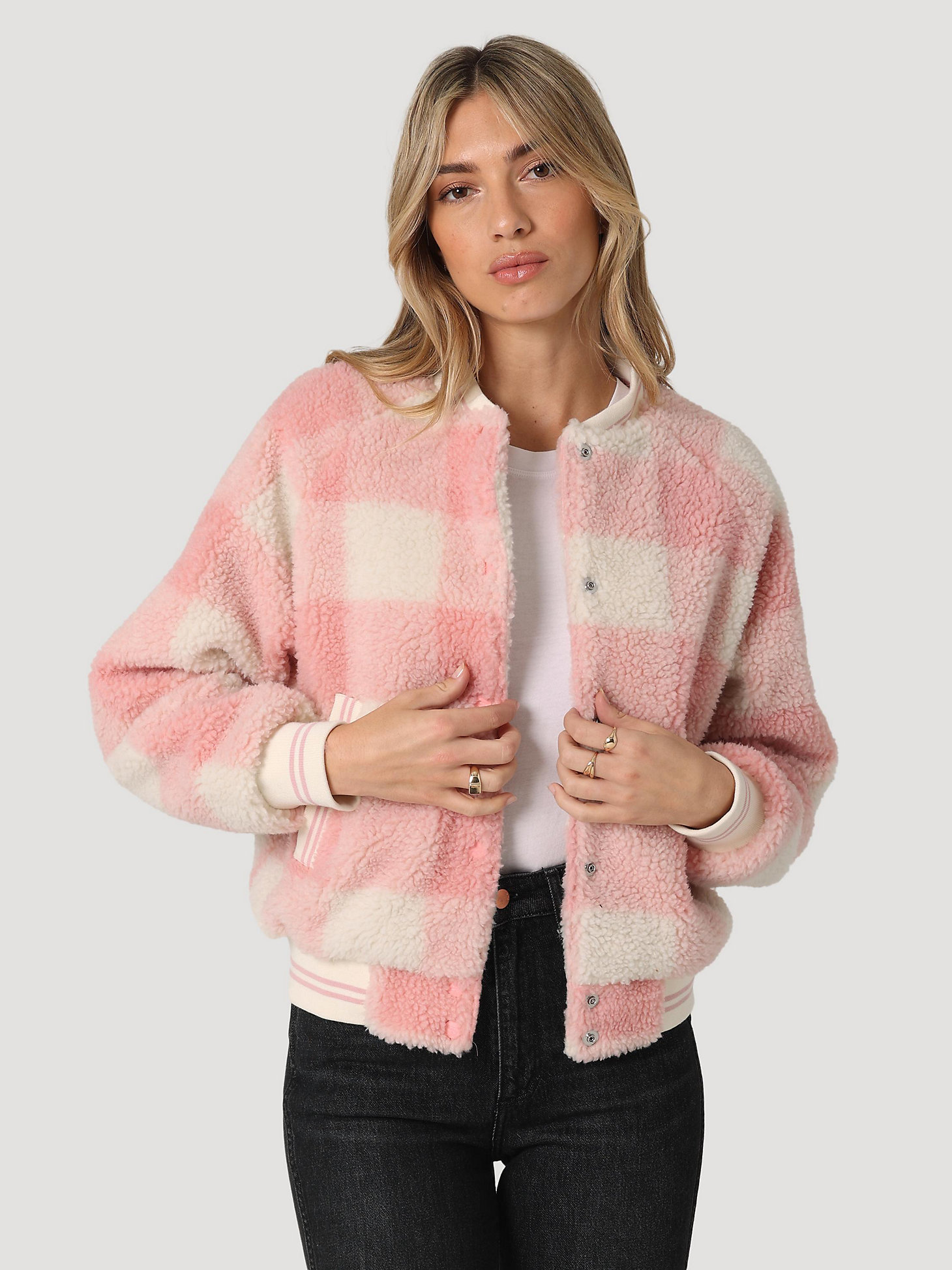 Women's Sherpa Bomber Jacket in Silver Pink main view