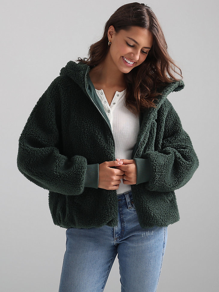 Women's Hooded Sherpa Jacket in Sycamore Green main view