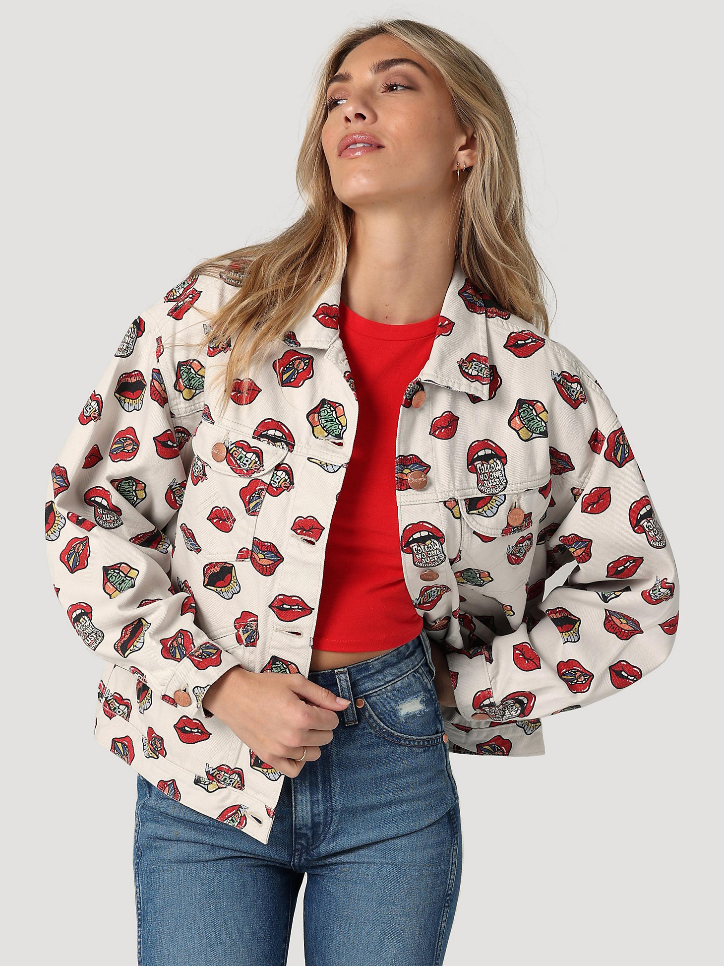 Women's Printed Trucker Jacket in Read My Lips main view