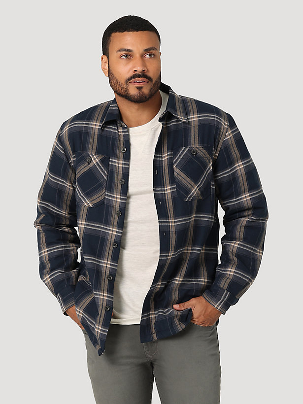 Men's Wrangler® Heavyweight Plaid Sherpa Lined Shirt Jacket in Ombre Blue
