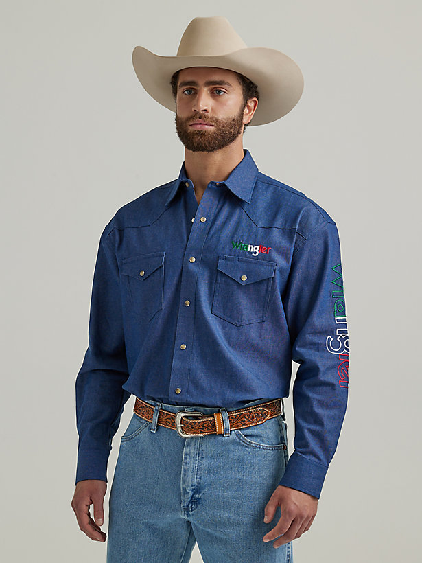 Wrangler® Logo Mexico Long Sleeve Western Snap Shirt in Indigo Denim