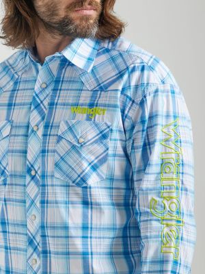 Men's PBR® Logo Long Sleeve Plaid Western Snap Shirt in Navy Blue