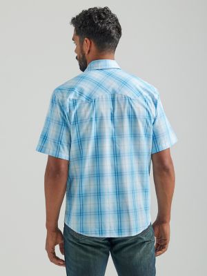 Men's Wrangler® Fashion Snap Short Sleeve Western Snap Plaid Shirt in Baby  Blue