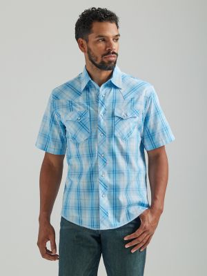 Men's Wrangler® Fashion Snap Short Sleeve Western Snap Plaid Shirt in Baby  Blue