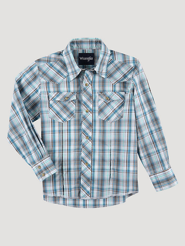 Boy's Long Sleeve Fashion Western Snap Plaid Shirt in Multi Blue