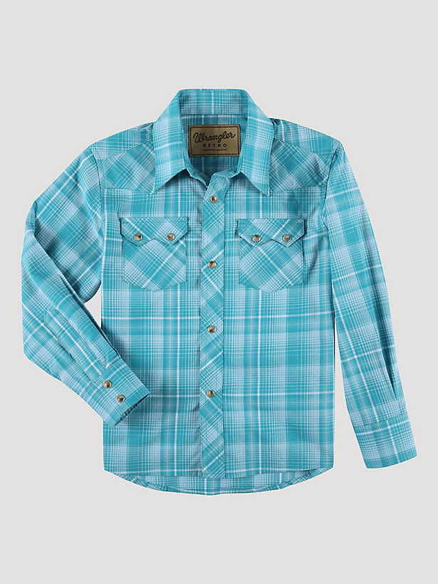 Boy's Wrangler Retro® Western Snap Plaid Shirt with Front Sawtooth Pockets in Bold Teal