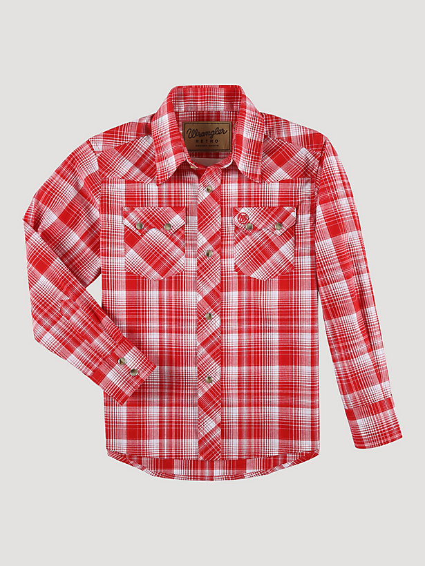 Boy's Wrangler Retro® Western Snap Plaid Shirt with Front Sawtooth Pockets in Rhubarb Red