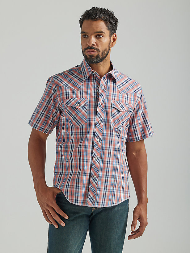 Men's Wrangler® Fashion Snap Short Sleeve Western Snap Plaid Shirt in Orange