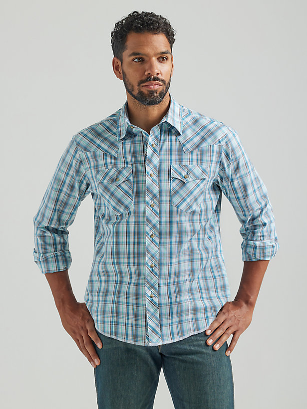 Men's Long Sleeve Fashion Western Snap Plaid Shirt in Multi Blue